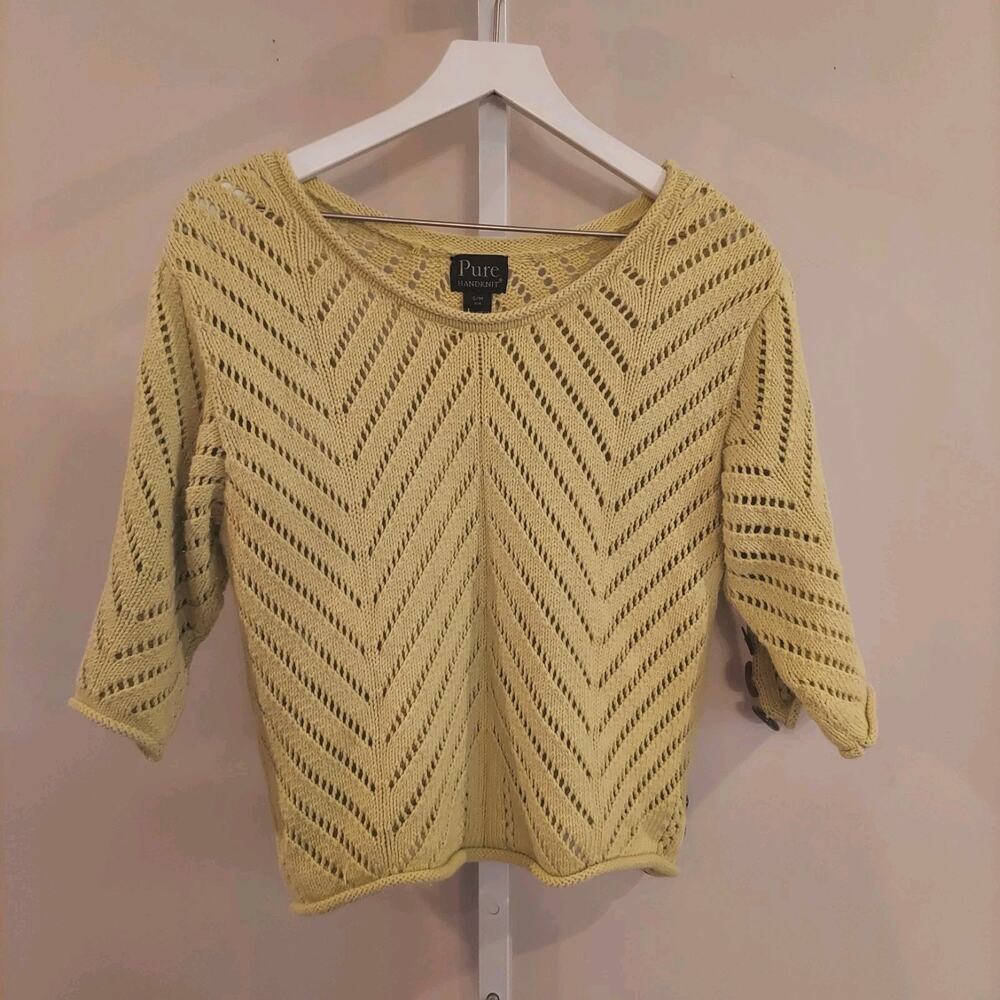 Pure Handknit Yellow Cotton Chevron Pointelle Sweater 3/4 Sleeve Size S/M
